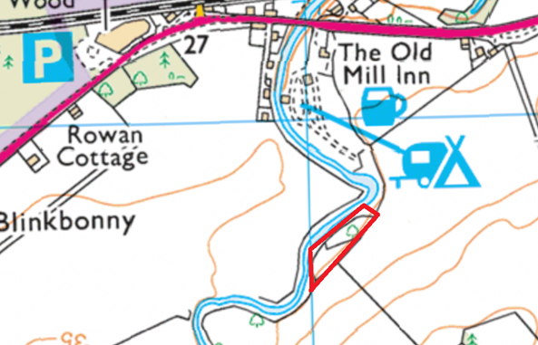 Map 1: Location of the Old Mill giant hogweed control site on the Muckle Burn at Brodie in Moray
