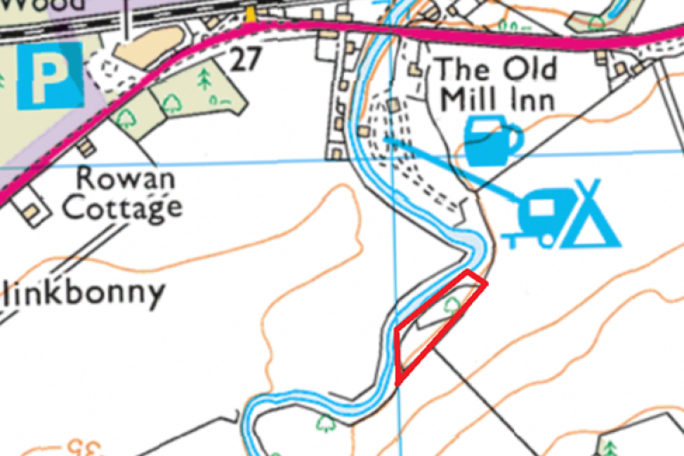 Map 1: Location of the Old Mill giant hogweed control site on the Muckle Burn at Brodie in Moray