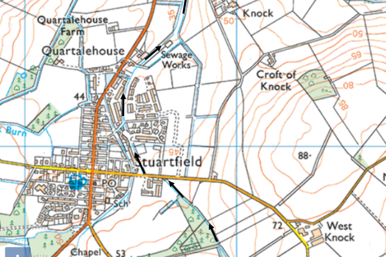 Map 1 – Location of giant hogweed control sites on the Stuartfield Burn