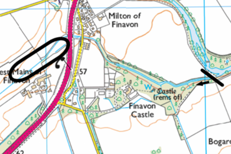 Location of the site on the Lemno Water, before the confluence with the South Esk at Finavon Castle.
